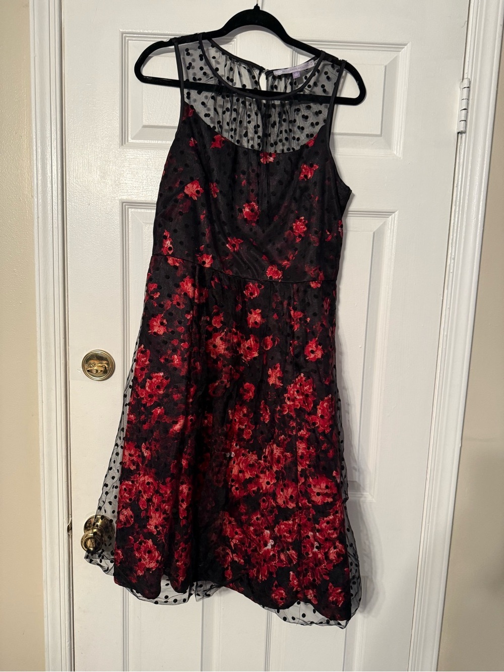 Carmen Marc Valvo Black Dress with Red Floral Embroidery and Polka Dot Mesh